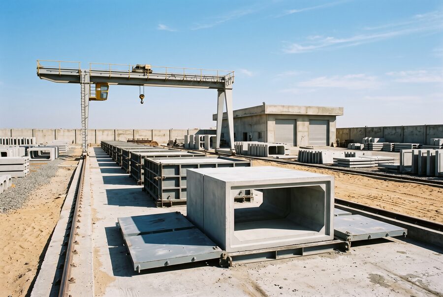 Box culvert sections in their moulds on an open casting line in the yard